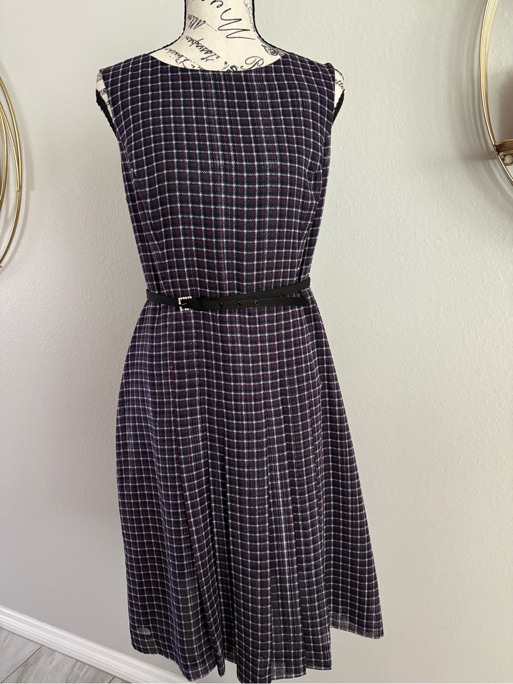 Jones New York Black and White Sleeveless Plaid Fit-and-Flare Midi Dress